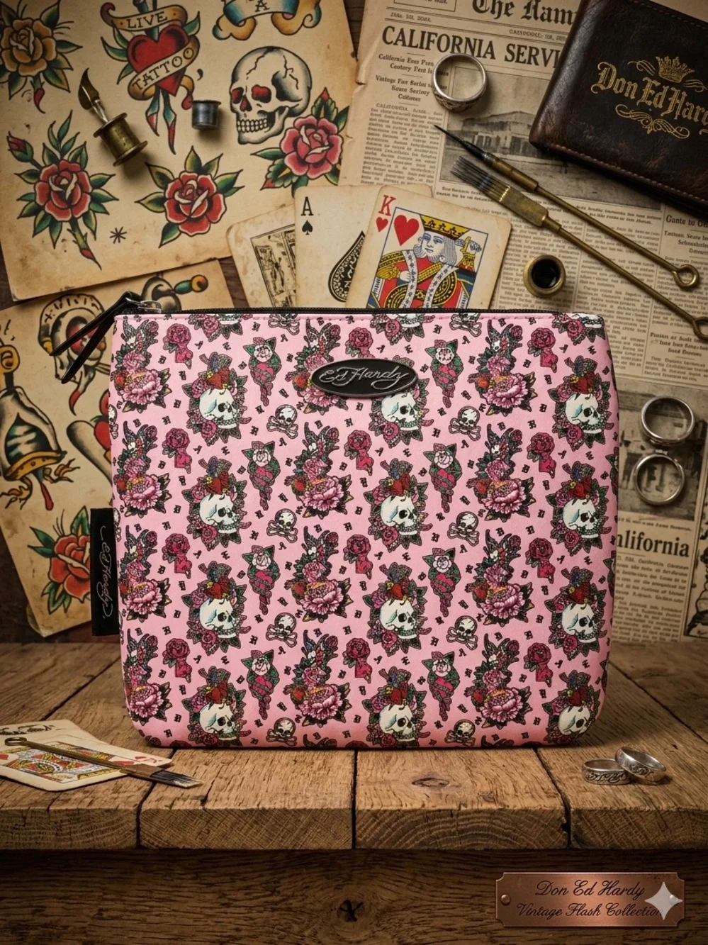 Ed Hardy Y2K Pink Skull & Flower Graphic Wristlet Pouch / Makeup Bag NWT